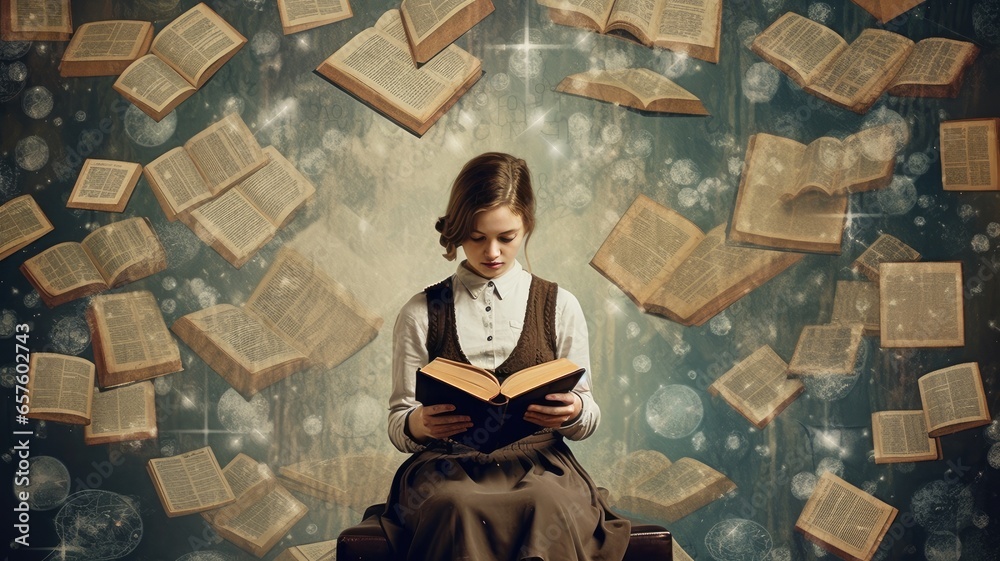 Aufkleber a person with a book and a tablet, illustrating a blend of traditional and digital learning solution