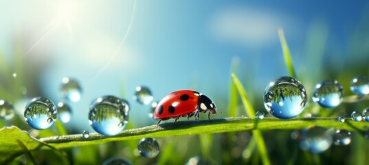 Red ladybug on green leaves. Generative AI technology.	
