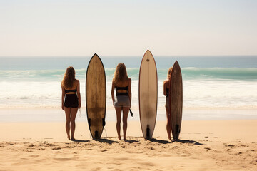Three girls with their backs to the camera facing the ocean, with bright sunlight, posing with their surfboards