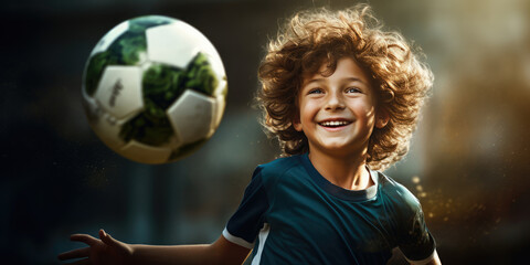 Portrait of a child looking at a soccer ball and smiling.