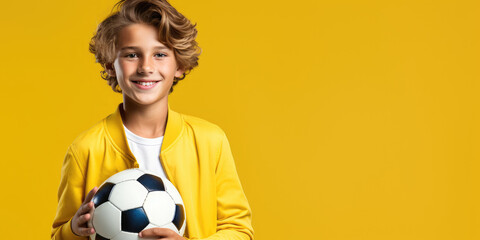 Boy holding a ball and smiling against a yellow studio background, wearing a long yellow jacket and a white inner shirt. Space for copy paste - obrazy, fototapety, plakaty