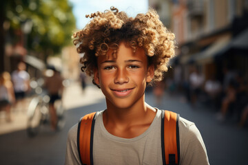Teenage boy smiling in the middle of the street with curly hair and a Latino appearance - obrazy, fototapety, plakaty