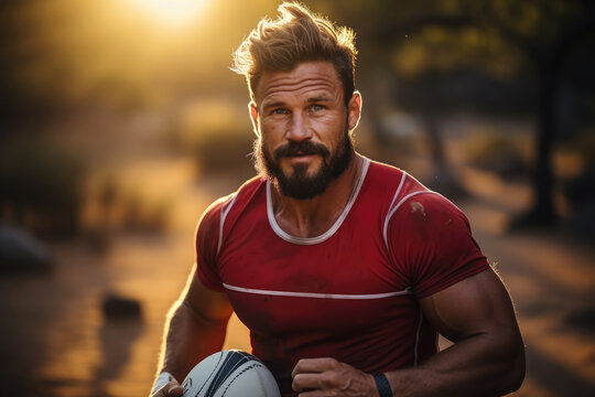 Close-up of a rugby player in a tight red jersey with a rugby ball against a sunset backdrop