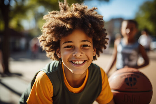Close-up of a child in a yellow and green shirt playing with a basketball in the park