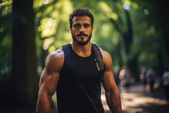 Close-up of a young Latino man with muscular and fit physique exercising in a park