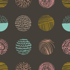 Hand drawn colorful circle seamless pattern. Abstract doodle repeating texture with scribble round geometric shapes. Modern art texture design. Vector illustration