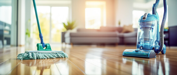 Floor cleaning with mob with cleanser foam and vacuum cleaner at home. Cleaning tools on parquet...