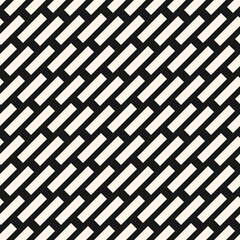 Simple black and white vector seamless pattern with diagonal dash lines, rectangles, stripes. Paving stones floor texture, brick wall ornament. Abstract monochrome background. Repeat decorative design
