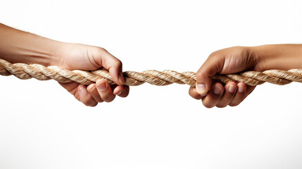 two hands pulling rope on white background - obrazy, fototapety, plakaty