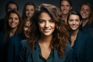 Beautiful young woman with a group of diverse professionals, representing a collaborative marketing team, Generative AI - obrazy, fototapety, plakaty