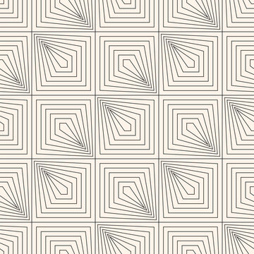 Vector geometric seamless pattern in art deco style. Elegant minimal black and white background with thin lines, squares, diamonds, repeat tiles. Stylish modern abstract monochrome texture design