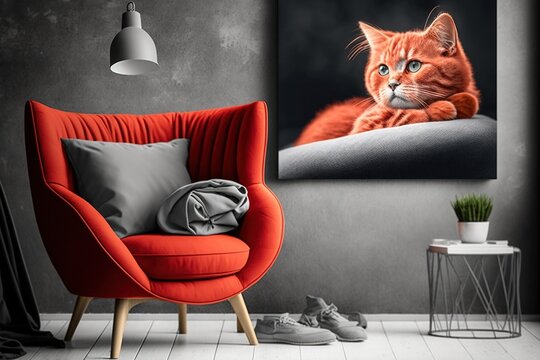 Painting with a cat, apartment design, big red cat, digital art style