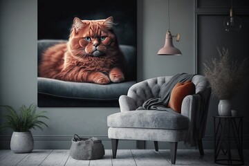 Painting with a cat, apartment design, big red cat, digital art style