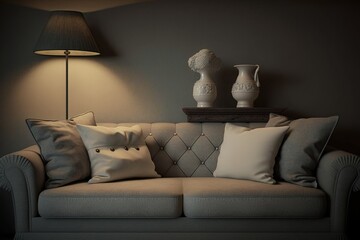 Sofa and lamp in the room, room design, beautiful home, digital art style