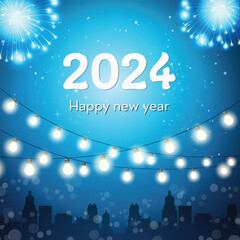 Colorful fireworks 2024 New Year background and text Happy New Year design in the night sky. written sparklers on a festive blue background with fireworks
