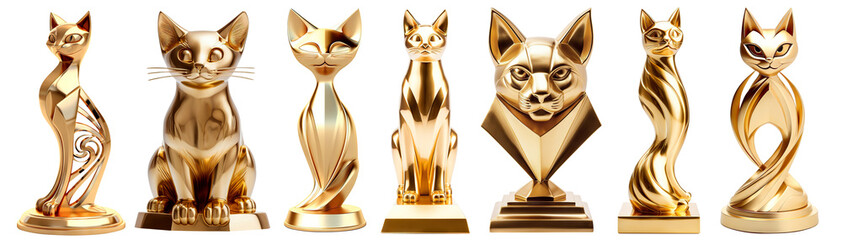 Golden cat trophies, cut out. Awards for first place in cat show - obrazy, fototapety, plakaty
