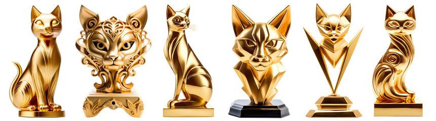 Golden cat trophies, cut out. Awards for first place in cat show - obrazy, fototapety, plakaty