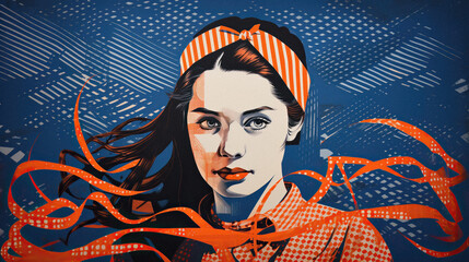 Art illustration portrait of a school girl in poster style. Bold woodcut.