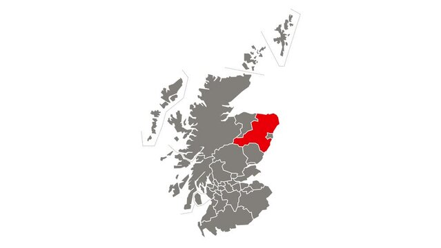Aberdeenshire council area blinking red highlighted in map of Scotland