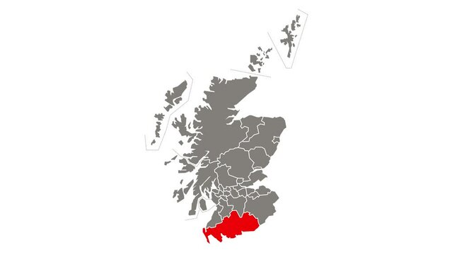 Dumfries and Galloway council area blinking red highlighted in map of Scotland
