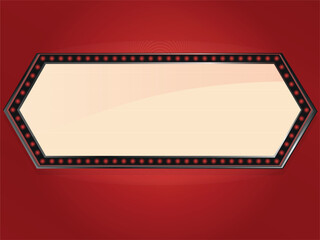 Retro sign banner on red background. Lightbox billboard for cinema, bar show or restaurant. Marquee neon rectangle with illuminated light bulbs.