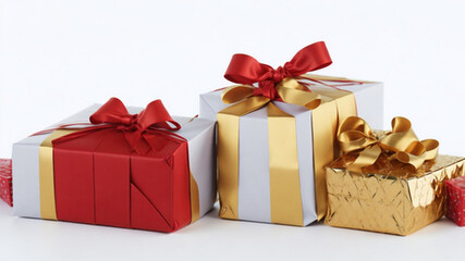 Obraz premium Red, gold, white gift box with ribbon on white background. Close up