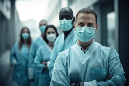 Diverse health care workers wearing protective masks and blue coats standing with arms crossed at outdoor hospital corridor. - Powered by Adobe
