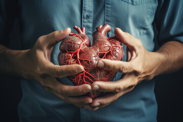 Close up of male hands holding heart. Heart attack, heart disease and health concept. - obrazy, fototapety, plakaty