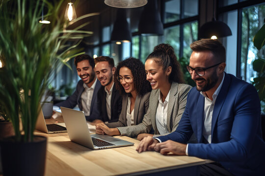 Group Of Business People Sitting In A Row And Working At Office.