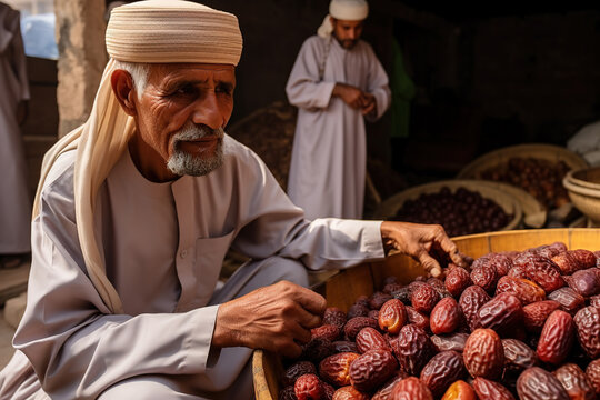 Old man in traditional arab clothes selling dates in the souk of the medina in Arabic country.
