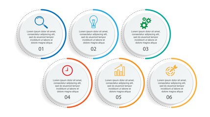 Business Infographic Template Design. Timeline with 6 marketing steps, options and icons. Vector linear infographic with six connected elements. Can be used for presentations in your business.