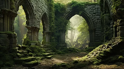 Foto op Canvas Generative AI, Old green ruins of historical building overgrown by moss and grass © DELstudio