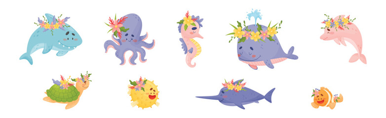 Sea Animals Wearing Flower Wreath on Its Head Vector Set