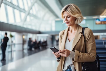 A middle-aged Caucasian blonde woman eyeglasses in front of an information board at the airport. She checking online check-in via a smartphone app. Photo with copy space.