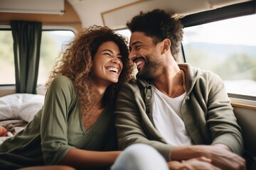 Close-up photo of a young African American couple traveling in a motorhome. They chat and drink morning coffee. Escape from the hustle and bustle of the big city and be alone.