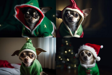 portrait of a chihuahua wearing an christmas elf costume ,ai generated