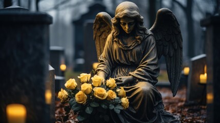 Sculpture of an angel with wings at a funeral in a cemetery near a gravestone. The angel of death and life meets the soul of the deceased - obrazy, fototapety, plakaty
