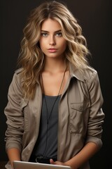 Fototapeta premium Beautiful young woman with a laptop, creating marketing content, Generative AI
