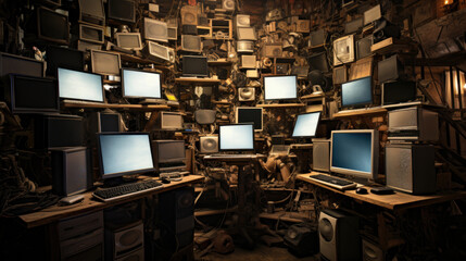 Retro computer monitors various data located on desk in dark room of hacker base