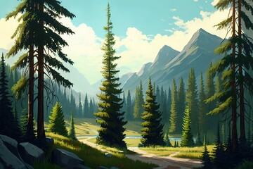 Path in the middle of the forest, spruce forest, mountains in the background, digital art style