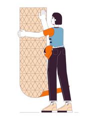 House wallpaper installation line cartoon flat illustration. Professional installer sticking wallpapers 2D lineart character isolated on white background. Renovation wall scene vector color image