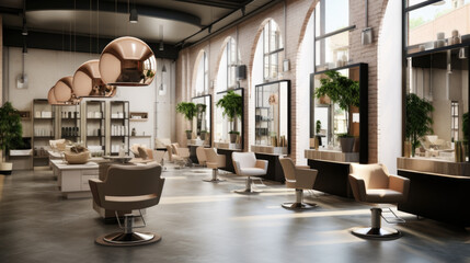 Stylish beauty salon interior. Hairdresser and makeup artist workplaces in one room, creative mirrors - obrazy, fototapety, plakaty