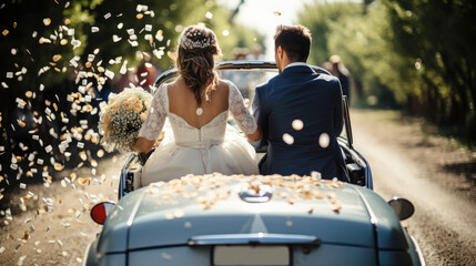 Happy beautiful wedding couple in just married car on a country road - obrazy, fototapety, plakaty