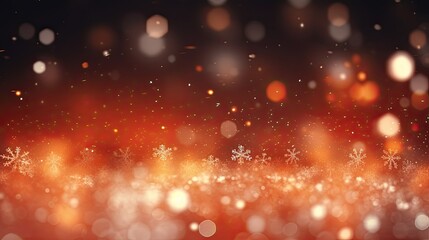 Fototapeta na wymiar Christmas background with snowflakes, dark red, orange bokeh effect, space for text. Generative AI
