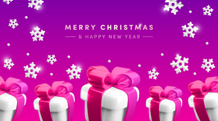 Merry Christmas and Happy New Year neon background. Vector 3d gifts and snowflakes greeting concept. Falling present boxes, snow on vibrant colorful gradient background. Trendy 3d Xmas illustration