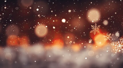 Obraz na płótnie Canvas Christmas background with snowflakes, dark red, orange bokeh effect, space for text. Generative AI