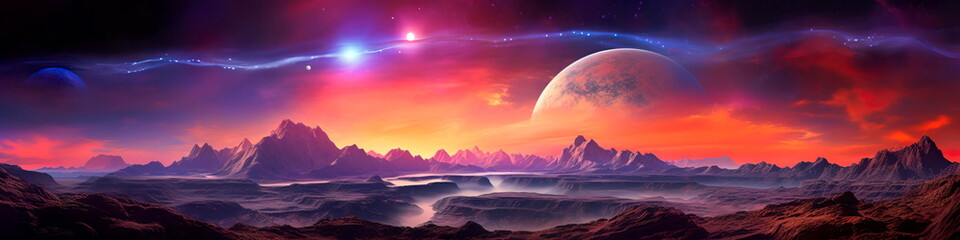 cosmic vista from the surface of a distant exoplanet, with an alien landscape suns in the sky.