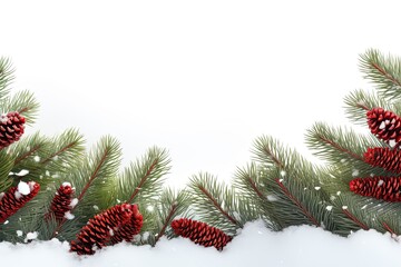 Fototapeta na wymiar Holiday border of pine branches on white background for Christmas, in the style of snow scenes, with blank space for text. Generative AI