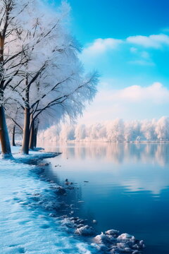 lakeside view during winter, where snow blankets the surroundings, trees stand still, and the icy water surface mirrors