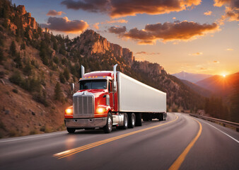 American semi truck driving on mountain road at sunset - 657611707